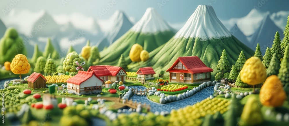 Obraz premium Charming Miniature Village with Lush Greenery and Majestic Mountains in the Background Under a Clear Blue Sky