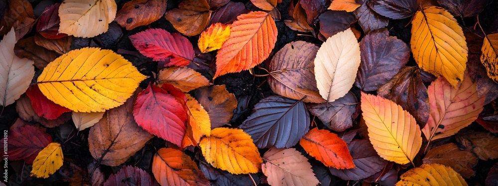 A pile of autumn leaves on the ground, seen from above. The colors range from deep brown to vibrant orange and yellow, creating an intricate pattern that resembles nature's artistry A pile of autumn leaves on the ground, seen from above. The colors range from deep brown to vibrant orange and yellow, creating an intricate pattern that resembles nature's artistry