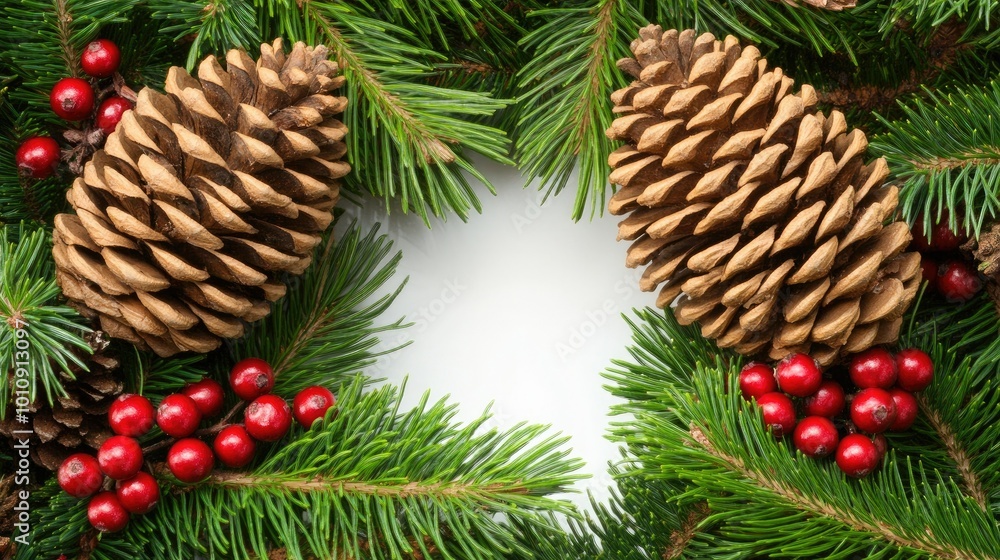 An elegant Christmas frame made of pine branches, vibrant red berries, and textured pine cones, isolated on a white background for a holiday feel. An elegant Christmas frame made of pine branches, vibrant red berries, and textured pine cones, isolated on a white background for a holiday feel.