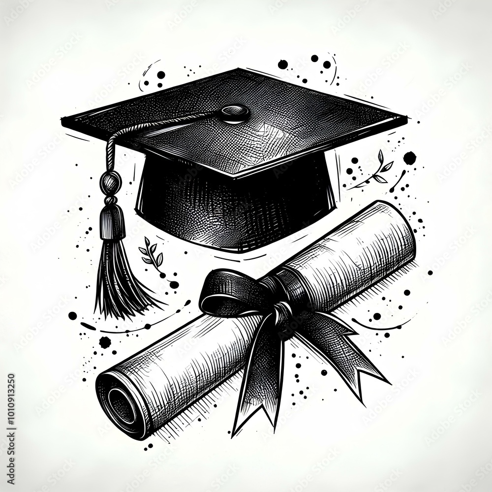 Φωτογραφία hand-drawn sketch of graduation cap and rolled diploma with ink splatter accents
