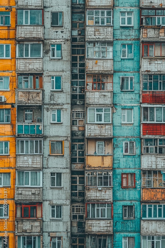 A wall of Soviet panel buildings, with a texture of concrete and a gray color with small windows. A wall of Soviet panel buildings, with a texture of concrete and a gray color with small windows.