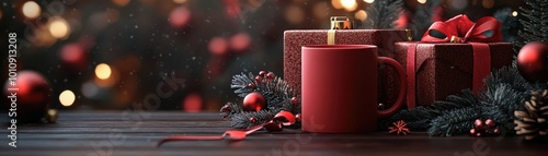 Festive Holiday Scene with Red Mug and Wrapped Gifts Amidst Pine Branches and Ornaments on Wooden Table photo