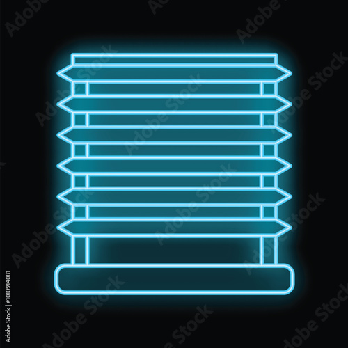 Bright glowing blue neon icon of a jalousie on a black background