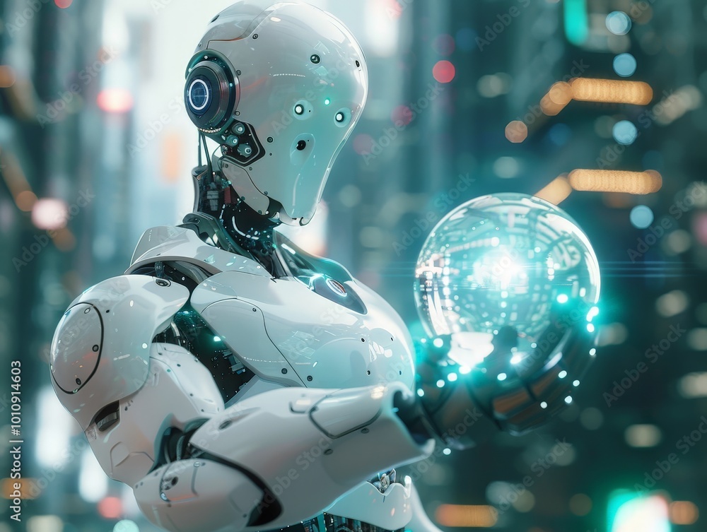Robot holding glowing sphere in futuristic city Robot holding glowing sphere in futuristic city