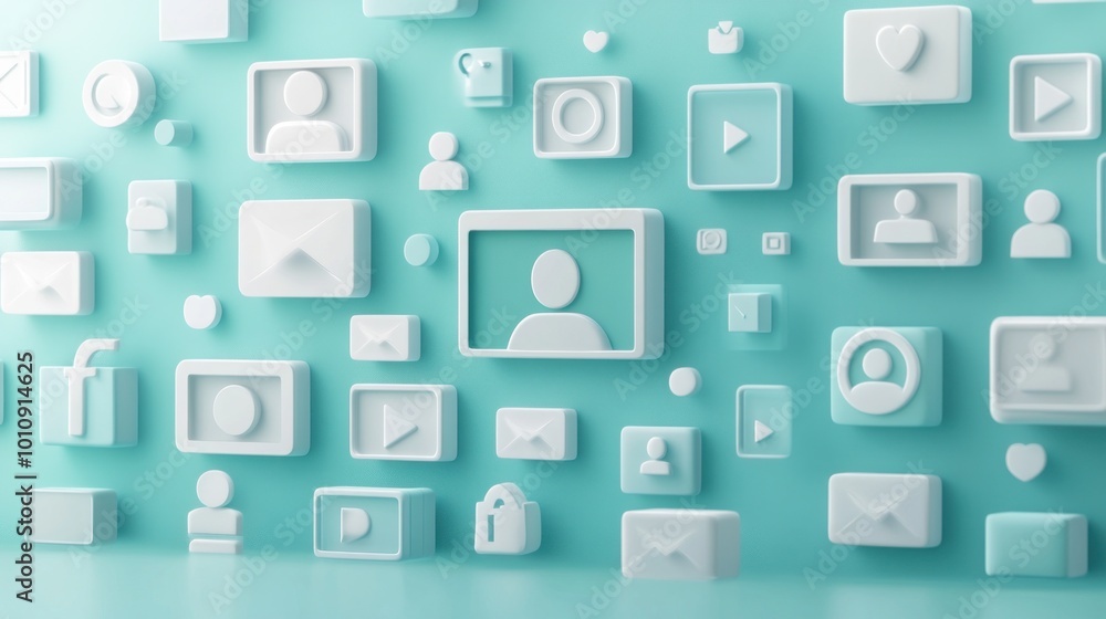 A collection of white icons on a teal background, representing digital communication and media. A collection of white icons on a teal background, representing digital communication and media.