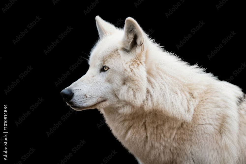 Against a black background, an arctic wolf showcases its striking white fur and piercing gaze, evoking the fierce beauty of the polar wilderness in a tranquil moment. Against a black background, an arctic wolf showcases its striking white fur and piercing gaze, evoking the fierce beauty of the polar wilderness in a tranquil moment.