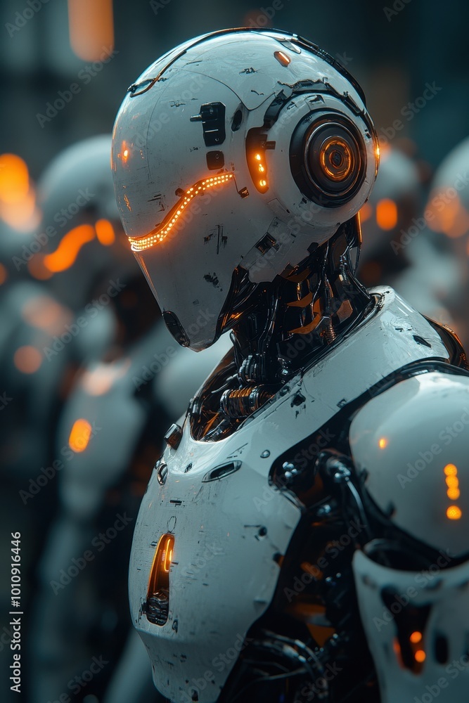 Fototapeta premium Futuristic Robot with Glowing Orange Lights in a High-Tech Environment Showcasing Advanced Artificial Intelligence and Robotics Technology