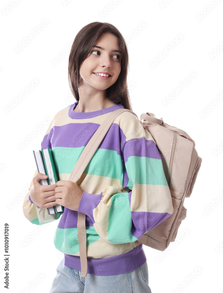 Portrait of smiling teenage girl with backpack and books on white background Portrait of smiling teenage girl with backpack and books on white background
