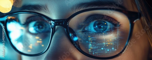 Closeup of the eyes and glasses reflecting digital technology