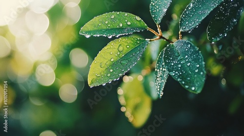 Close-up of green leaves adorned with water droplets, capturing nature's beauty and freshness.