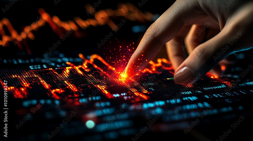 A close up image of a human hand with a pointed finger, directing towards a glowing graph depicting business growth on a black background A close up image of a human hand with a pointed finger, directing towards a glowing graph depicting business growth on a black background