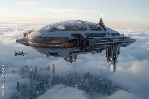 A massive futuristic spaceship hovers over a modern cityscape through drifting clouds, embodying imagination and technological marvels in an urban setting. photo