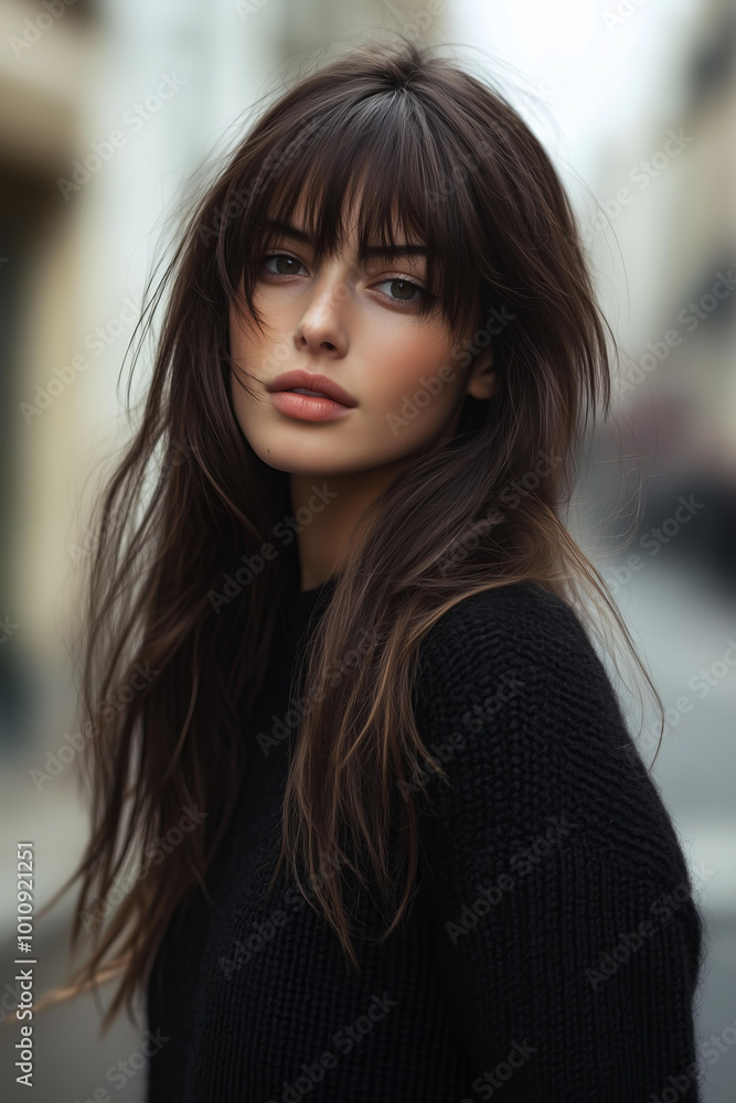 brunette woman with long hair and bangs, posing on a street in Paris, wearing a black sweater, with natural lighting brunette woman with long hair and bangs, posing on a street in Paris, wearing a black sweater, with natural lighting