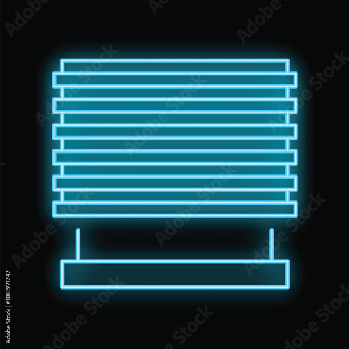 Blue neon icon of window jalousie glowing on a black background