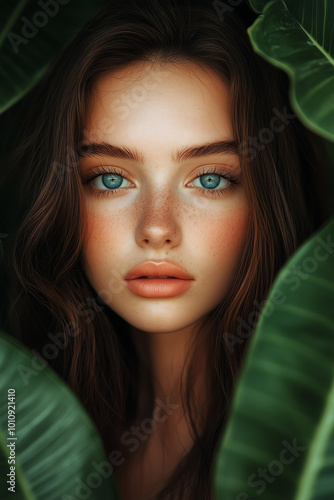 ommercial fashion photograph of an exotic brunette model with blue eyes and peach colored lips . She is standing in front of large green tropical leaves, against a neutral brown background photo