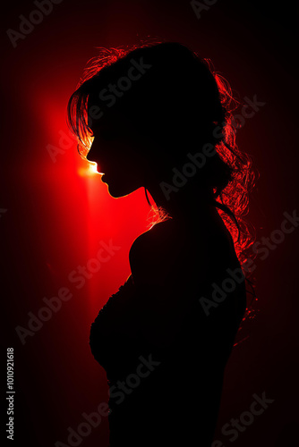 dark silhouette of an attractive woman wearing a black dress, with a glowing red light behind illuminating the darkness around her