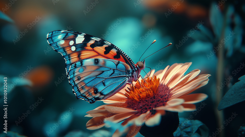 A colorful butterfly is perched on a flower A colorful butterfly is perched on a flower