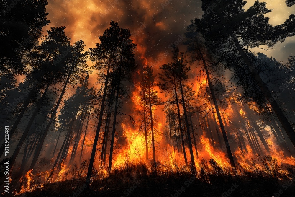 A Forest Engulfed in Flames With Towering Trees Burning Intensely Under a Thick, Smoky Sky, Chaos and Destruction of a Wildfire, Natural Disaster, Wildfire Photography, Landscape Photography A Forest Engulfed in Flames With Towering Trees Burning Intensely Under a Thick, Smoky Sky, Chaos and Destruction of a Wildfire, Natural Disaster, Wildfire Photography, Landscape Photography