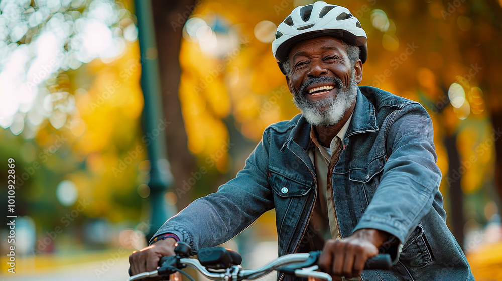 Happy Senior African American Man Biking in Sunny Park, Mature Man Enjoying Leisure Ride, Sunny Day, Autumn Colors, Healthy Lifestyle, Joyful Expression Happy Senior African American Man Biking in Sunny Park, Mature Man Enjoying Leisure Ride, Sunny Day, Autumn Colors, Healthy Lifestyle, Joyful Expression