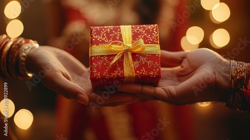 Indian Woman Receiving Gift Box during Festive Celebration with Joyful Exchange photo