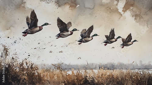 A Watercolor Painting of a Flock of Mallard Ducks Flying in Formation.