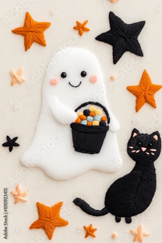 Charming Halloween embroidery featuring a happy ghost with a candy bucket and a black cat photo