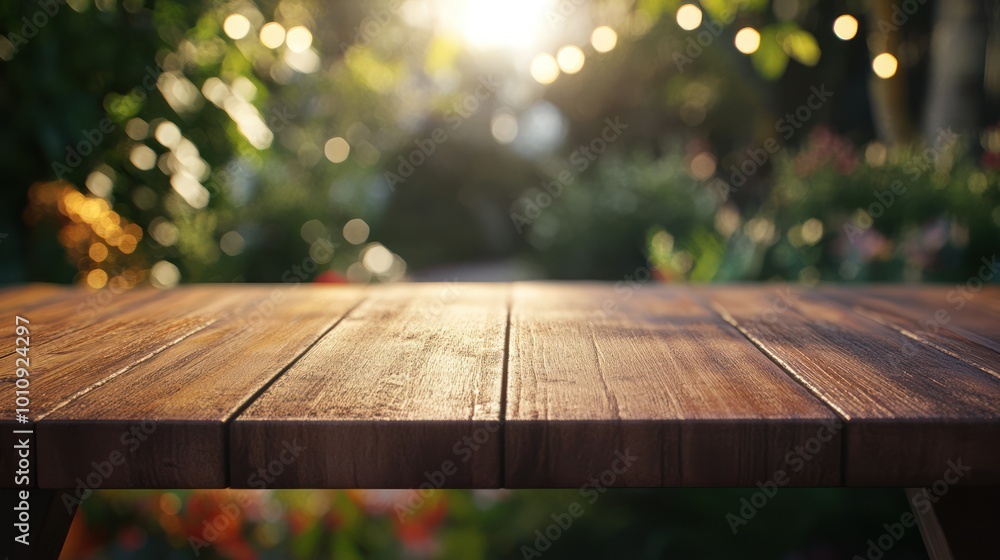Wooden Table with Blurred Garden Background Wooden Table with Blurred Garden Background