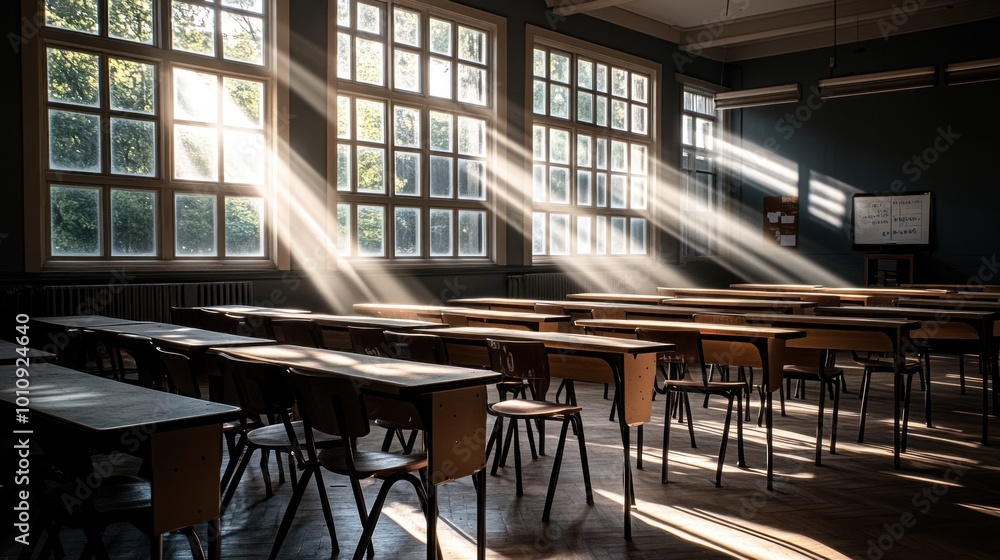 A sunlit classroom with empty desks and chairs, evoking a sense of learning and tranquility. A sunlit classroom with empty desks and chairs, evoking a sense of learning and tranquility.