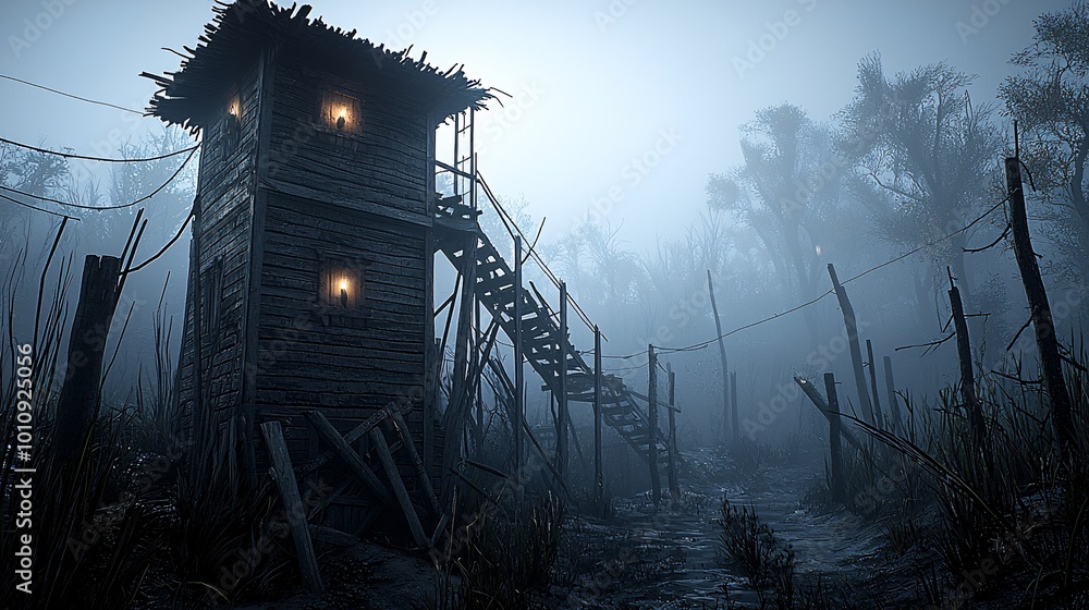 Φωτογραφία A spooky evening shot of an old, abandoned house with flickering candles in the windows, surrounded by dry trees and fog