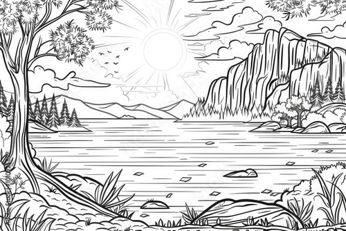 Coloring book illustration of an autumn landscape featuring a serene lake at sunset A fantastic scene with a colorful sky majestic rocky mountains and vibrant trees illuminated by sunlight