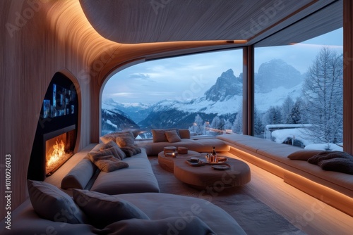 A plush living room offering a warm and inviting atmosphere with a curved window revealing stunning snowy mountain peaks under a serene blue sky. photo