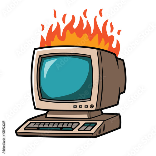 Vintage Computer Overheating with Flames Illustration