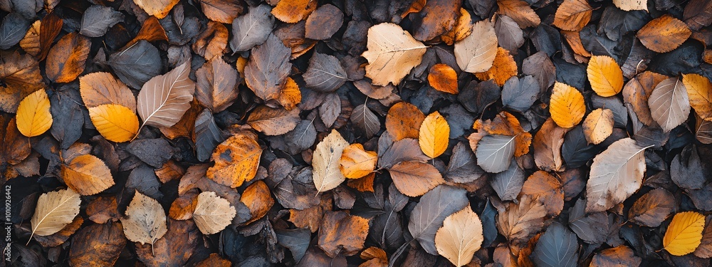 A pile of autumn leaves on the ground, seen from above. The colors range from deep brown to vibrant orange and yellow, creating an intricate pattern that resembles nature's artistry A pile of autumn leaves on the ground, seen from above. The colors range from deep brown to vibrant orange and yellow, creating an intricate pattern that resembles nature's artistry