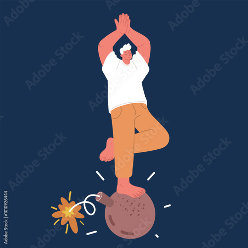 Cartoon vector illustration of a man standing on a bomb, highlighting the concept of hidden dangers, ignoring issues, and confronting reality over dark background