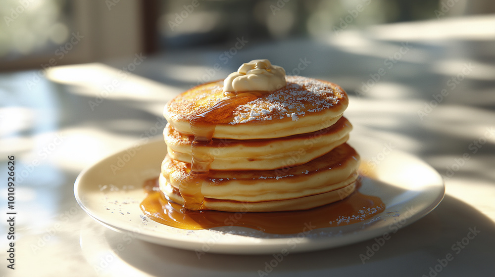 A stack of pancakes on a plate with a drizzle of syrup A stack of pancakes on a plate with a drizzle of syrup