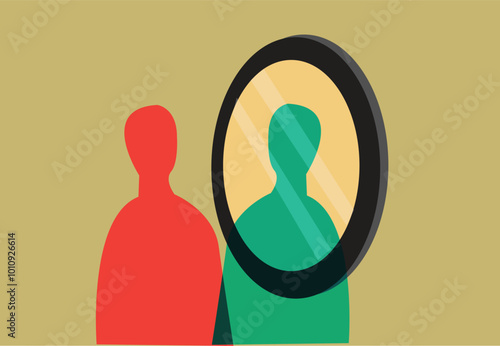 Person looking at the mirror. Abstract concept for psychological and personal traits like behavioral mindset, self esteem, confidence, identity and more. Editable Clip Art.