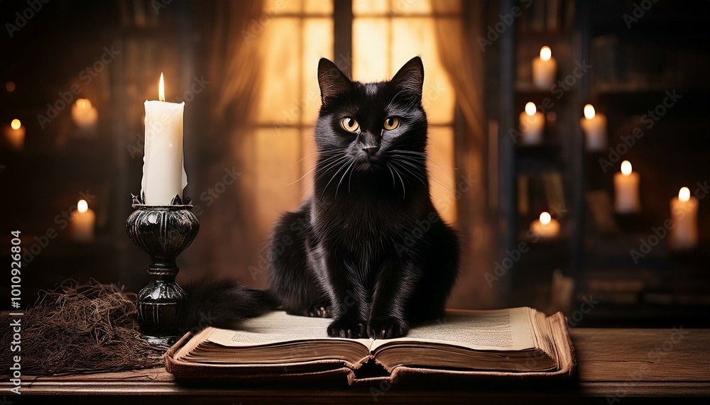 A creepy black cat perched on a weathered, dusty book in a dimly lit room illuminated by flickering candlelight, creating an eerie and mysterious atmosphere A creepy black cat perched on a weathered, dusty book in a dimly lit room illuminated by flickering candlelight, creating an eerie and mysterious atmosphere