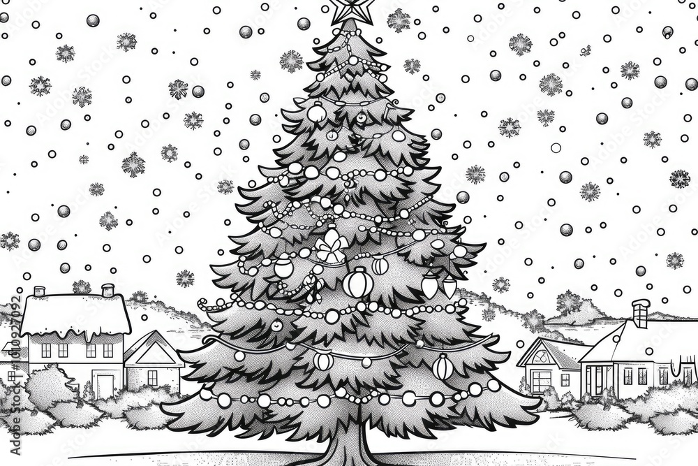 Εκτύπωση καμβά Coloring book illustration of a large beautiful Christmas tree adorned with deco