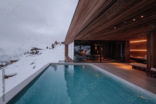 A stunning chalet enveloped in wood, housing a heated pool that overlooks the majestic snowy Alps, offering an inviting and warm dwelling in a frosty landscape. photo