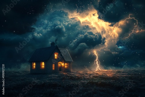 a dark cloud with a lightning bolt strike above an isolated small house on a flat ground, with lights on 