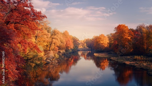 A picturesque autumn river scene, featuring the reflection of colorful trees in the calm water, creating a tranquil and vibrant landscape of fall beauty