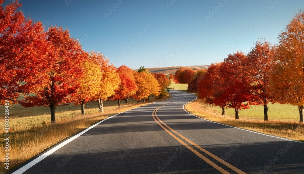 A winding country road lined with vibrant orange and red trees under a clear blue sky, creating a picturesque and inviting autumn landscape A winding country road lined with vibrant orange and red trees under a clear blue sky, creating a picturesque and inviting autumn landscape