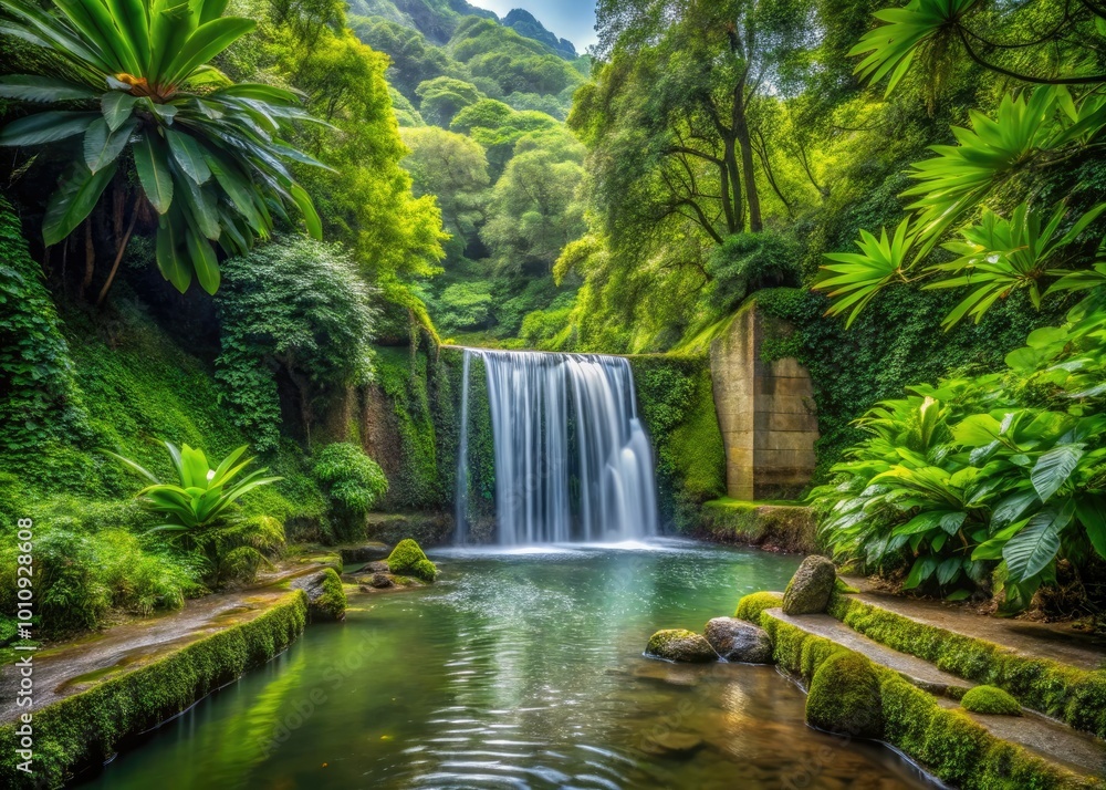 Φωτογραφία Surrounded by lush foliage, the picturesque Salto do Cabrito waterfall cascades gracefully on São Miguel, Azores, offering a serene escape into nature's splendid beauty