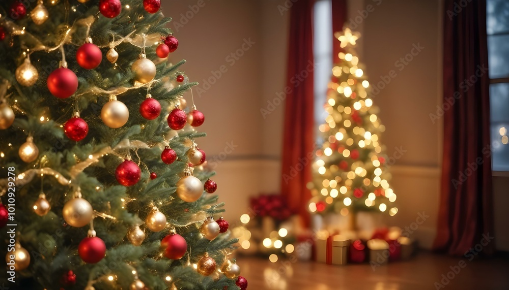 Gold and red Christmas decorations on a tree, creating a festive and elegant holiday atmosphere Gold and red Christmas decorations on a tree, creating a festive and elegant holiday atmosphere