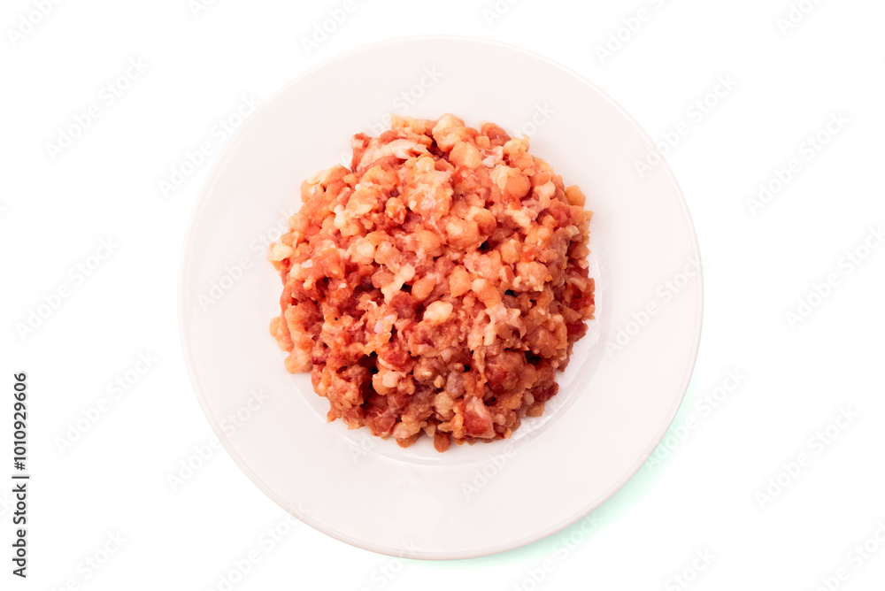Fresh pork minced in white plate isolated on white background with clipping path top view flat lay stacking
