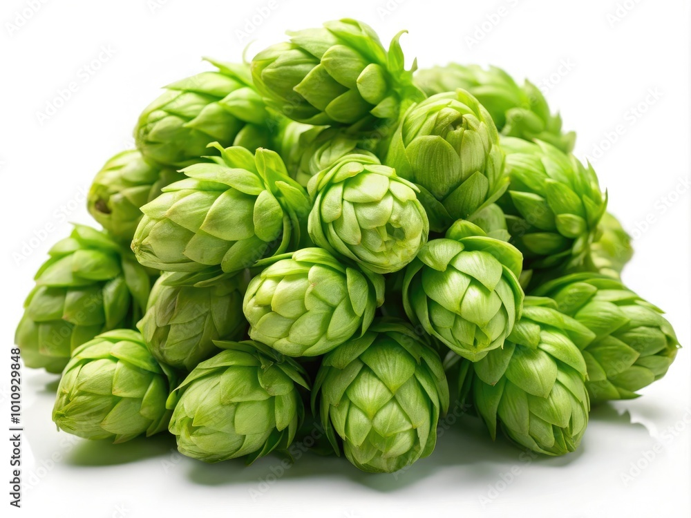 Fresh green hops cones piled together, ideal for beer brewing and bread making, captured in close-up photography on a bright white background. Fresh green hops cones piled together, ideal for beer brewing and bread making, captured in close-up photography on a bright white background.