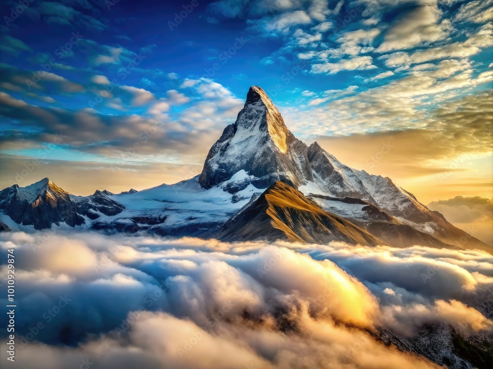 Φωτογραφία The towering mountain peak rises majestically above billowing clouds, framed by a clear sky, revealing stunning scenic beauty and captivating, pristine natural landscapes