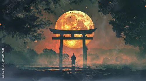 silhouette of a samurai holding a samurai sword in his hand and about to enter the torii gate at night. Virtual 4K video animation background with looping time lapse with very smooth graphics.