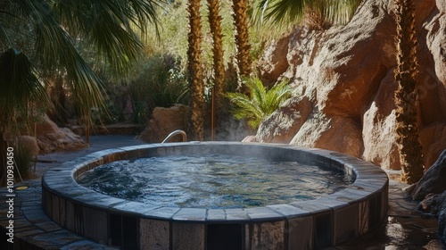 A serene hot tub surrounded by lush greenery and rocky formations, creating a relaxing atmosphere.