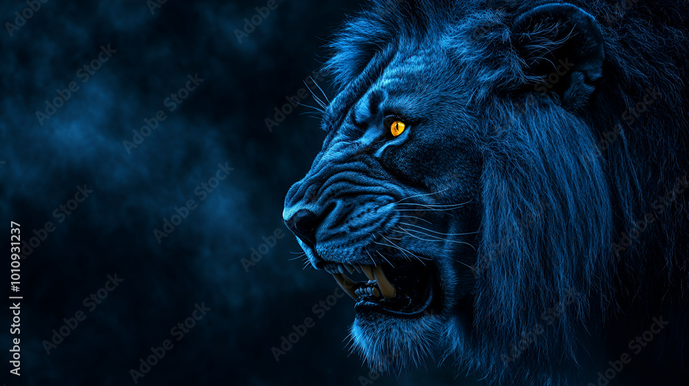 Portrait of a male lion in a dark space, Dark background, Portrait of a lion in the forest, Fantasy image of a wild animal, majestic lion with yellow eyes in angry mood Portrait of a male lion in a dark space, Dark background, Portrait of a lion in the forest, Fantasy image of a wild animal, majestic lion with yellow eyes in angry mood